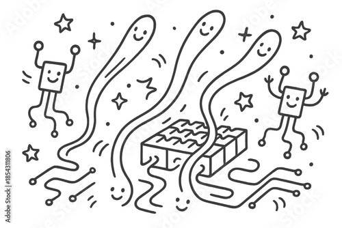 Dancing Light Beams. Flat vector icons of applications in data storage: hard disk icon, memory chip, spintronic device, magnetic
