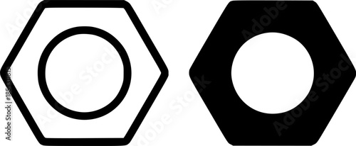 Carpentry tool icon, nut illustration, black and white, outline and silhouette versions