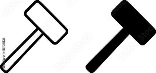 Carpentry tool icon, sledgehammer illustration, black and white, outline and silhouette versions