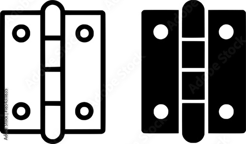 Carpentry tool icon, hinge illustration, black and white, outline and silhouette versions