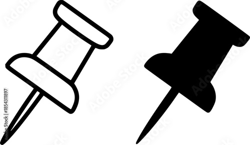 Thumbtack illustration icon, black and white, outline and silhouette versions