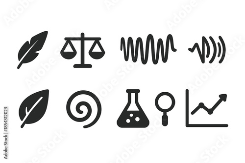 Sound Absorption Icons. Solid style icons of sound absorption and protective adaptations: feather, scale, moth wing, vibration