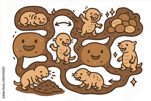 Happy Mole-Rat Society. Playful doodle eusocial behavior illustration with happy mole-rats performing tasks, cartoon tunnels and