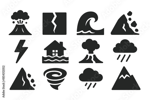 Natural Disaster Icons. Solid style icons of natural disasters in history: volcano eruption, earthquake crack, tsunami wave,