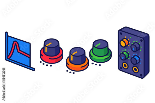 Vibrant Envelope Generator Icons. Isometric vector illustration set Envelope Generators: ADSR diagram, attack knob, decay knob,