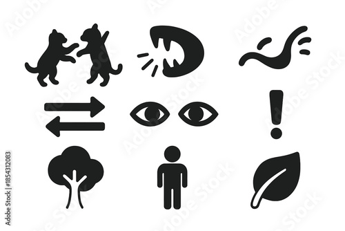Animal Play Icons. Solid style icons of play fighting and social interaction: two animals, paw swipe, open mouth, tail, motion