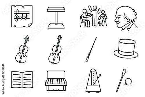 Silent Orchestra Icons. Line style icons of Silent Symphony: Unfinished Score, Conductor's Podium, Silent Orchestra, Lost Genius;