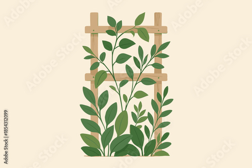 Lush Garden Frame. Minimalist vertical vector illustration garden with lush green plants growing on a rustic wooden frame, clean