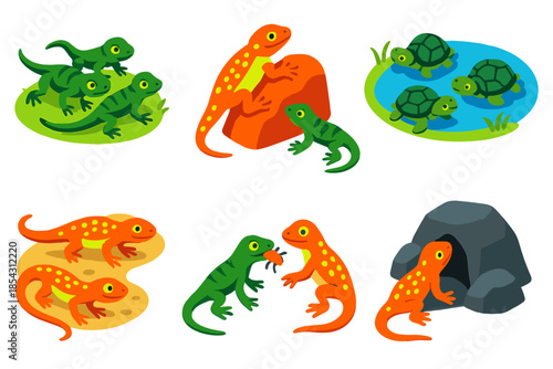 Reptile Social Dynamics. Isometric vector illustration set Social learning in reptiles: lizard social groups, observing climbing