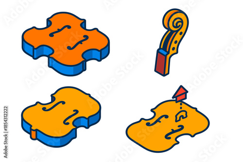 Violin Assembly Stages. Isometric vector illustration set Violin Assembly Stages: Mold with sides attached, scroll ready for neck,