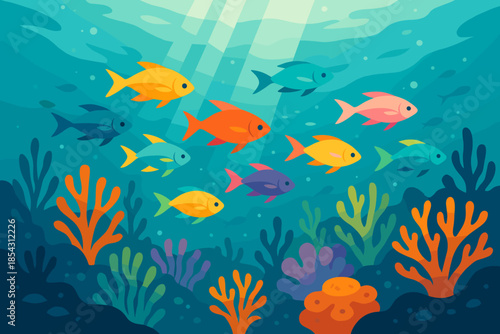 Vibrant Coral Fish. Colorful school of fish swimming in vibrant coral reef waters, illuminated by soft sunlight, serene and lively
