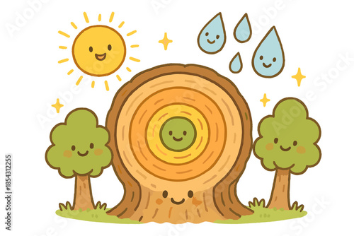Cheerful Climate Doodles. Cute doodle climatic reconstruction scene with smiling trees, cartoon rings colored to show seasons,