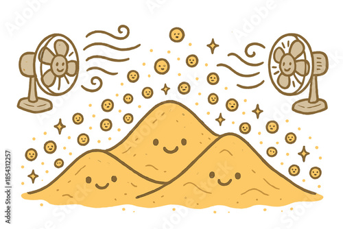 Smiling Desert Breeze. Adorable doodle desert wind experiment with smiling sand grains, cartoon fans blowing, cheerful dunes with