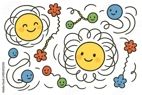 Playful Quantum Particles. Friendly doodle quantum interaction scene with smiling photons and gluons, cartoon electrons and quarks