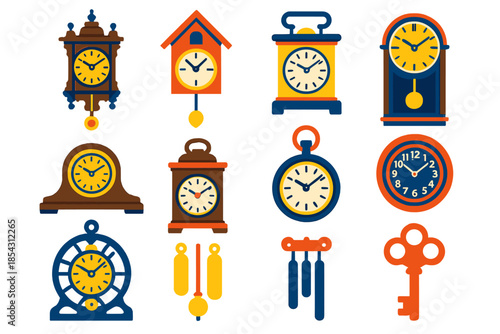 Vintage Clock Icons. Flat vector icons of Vintage Wall Clocks: ornate pendulum clock, cuckoo clock, regulator wall clock, wooden