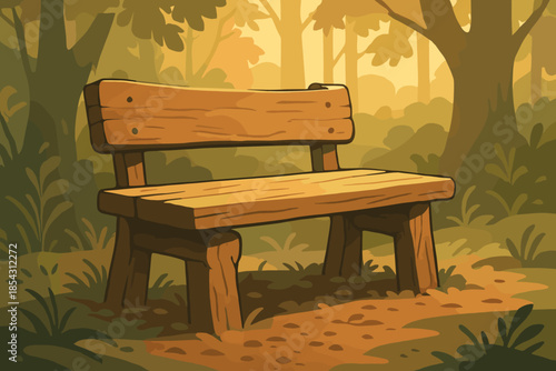 Sunlit Forest Bench. Close-up of a rustic wooden bench in a forest illuminated by soft golden sunlight, vector illustration