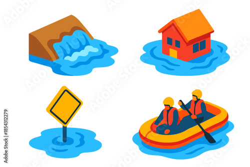 Flood Impact Icons. Isometric vector illustration set Flood Impact Elements: Overflowing riverbank, isolated house in water,