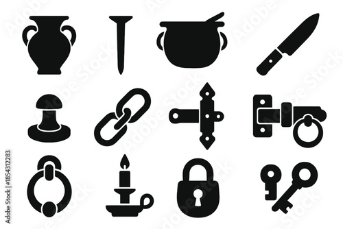 Traditional Metalwork Icons. Solid style icons of Traditional Metalwork: Bronze Vessel, Iron Nail, Copper Pot, Steel Blade, Rivet,