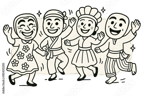 Joyful Dance Rehearsal. Friendly doodle traditional dance rehearsal with happy dancers, cartoon costumes waving, cheerful masks