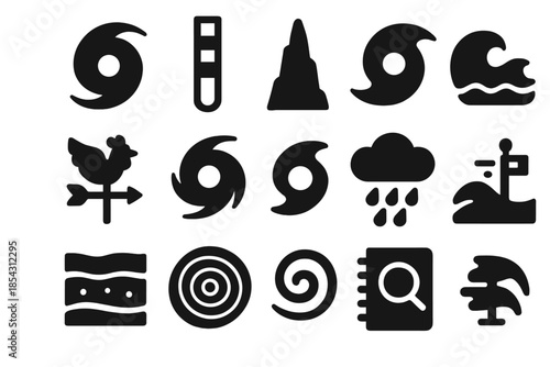 Paleotempestology Icon Set. Solid style icons of paleotempestology and storm research: hurricane spiral, sediment core, cave