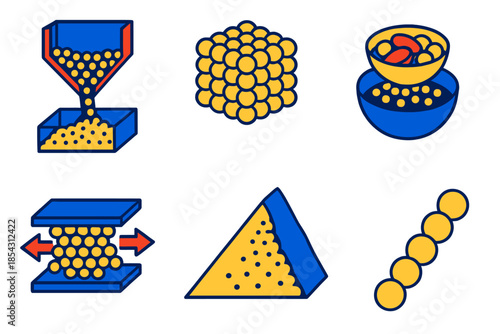 Granular Materials Physics. Isometric vector illustration set Physics of granular materials: granular flow in hoppers, particle
