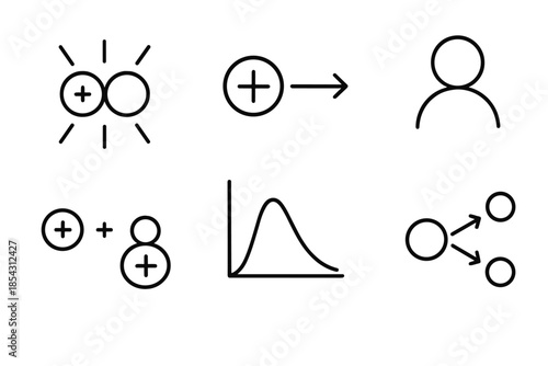 Stellar Particle Reactions. Line style icons of Particle Reactions in Stars: colliding nuclei, positron emission, neutrino icon,