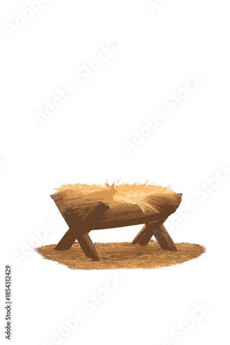 An empty manger shrouded in fog, bathed in gentle light, radiates messianic hope