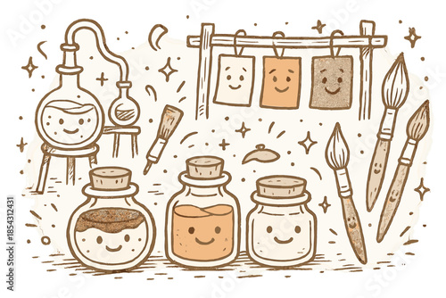 Whimsical Paint Lab. Whimsical doodle historical pigment lab with smiling paint jars, cartoon brushes bouncing, cheerful medieval