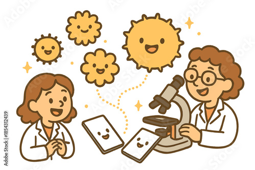 Cheerful Pollen Mapping. Adorable doodle fossil pollen mapping with cheerful grains, cartoon microscope slides bouncing, smiling