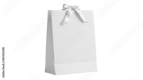 Valokuva Elegant white paper gift bag with satin ribbon isolated PNG, blank shopping bag