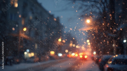 snowfall and defocused lights evening wintry city.