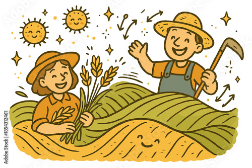 Joyful Ancient Agriculture. Cheerful doodle impact of ancient agriculture with happy farmers, cartoon fields waving, smiling
