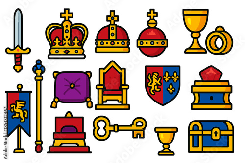 Coronation Artifacts Icons. Flat vector icons of Coronation Artifacts: ornate sword, crown with jewels, orb cross, sceptre rod,