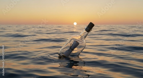 A glass bottle, corked and filled with a message, floats in the ocean at sunset