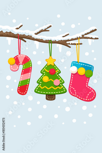 Brightly colored felt ornaments shaped like candy canes, Christmas trees, and ings, adorned with pom-poms, hung from a frosted branch against a snowy backdrop
