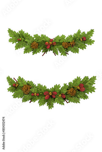 Festive holiday decor featuring spruce and pine garlands, embellished with berries and pinecones