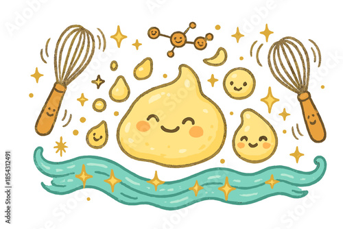 Smiling Sauce Symphony. Magical doodle emulsified sauce with smiling droplets, cartoon whisks spinning cheerfully, tiny happy