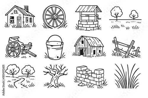 Countryside Line Icons. Line style icons of Abandoned Countryside: Homestead, Wagon Wheel, Well, Open Field; Broken Cart, Rusted
