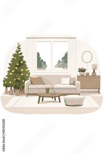 A tranquil, sophisticated living area features a centered window and a tree on the left, adding a gentle festive flair, while its uncluttered layout and snowy outdoor view evoke a peaceful holiday