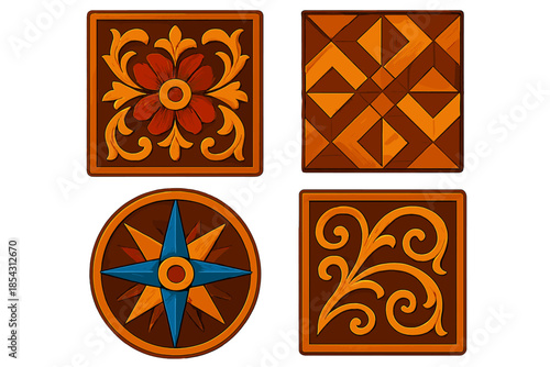 Intricate Wood Inlay Designs. Isometric vector illustration set Intricate Wood Inlay Patterns: Floral arabesque motif, geometric