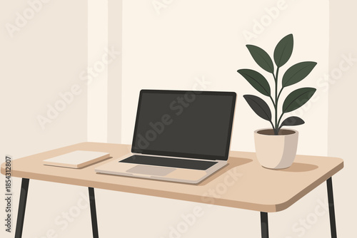 Minimalist Workspace Design. Minimalist modern workspace with a sleek vector illustration desk, laptop, and potted plant,