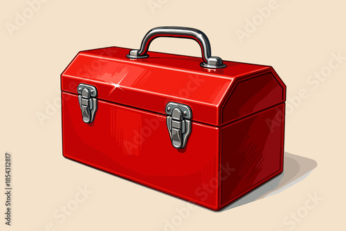 Shiny Red Toolbox. Vibrant red toolbox vector illustration with shiny metallic details, placed on a neutral background, sharp