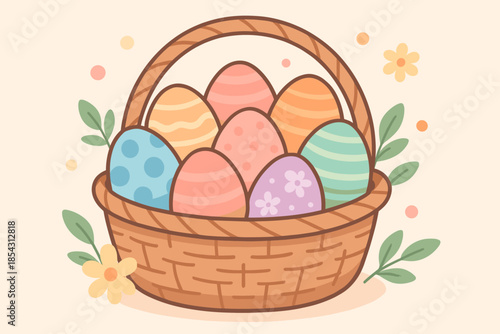 Colorful Easter Basket. Vibrant arrangement vector illustration of colorful Easter eggs in a rustic wicker basket, soft pastel