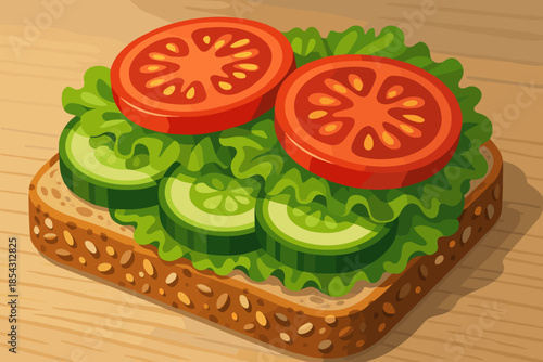 Vegetable Sandwich Delight. Healthy vegetable sandwich with vector illustration layers of fresh tomatoes, lettuce, and cucumbers,