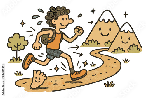 Whimsical Ultramarathon Adventure. Whimsical doodle ultrarunner on a trail with smiling feet, cartoon sweat drops bouncing,
