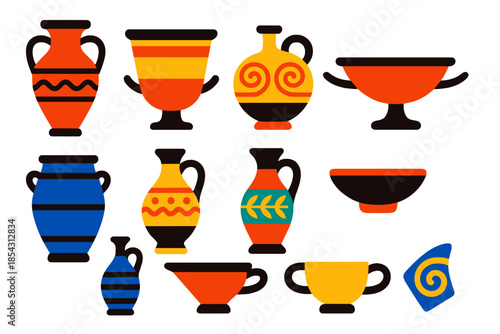 Mycenaean Pottery Icons. Flat vector icons of Mycenaean Pottery: amphora, krater, stirrup jar, kylix cup, storage pithos,