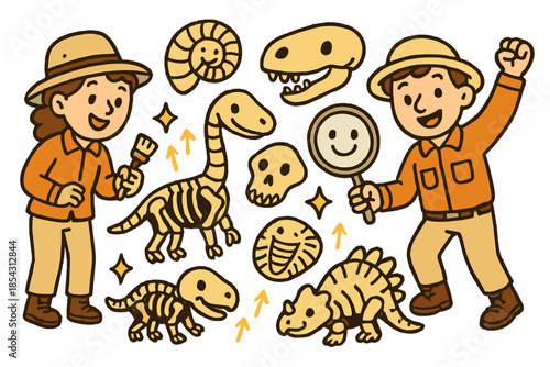 Cheerful Fossil Discovery. Cheerful doodle bias in the fossil record with happy paleontologists, cartoon fossils of different