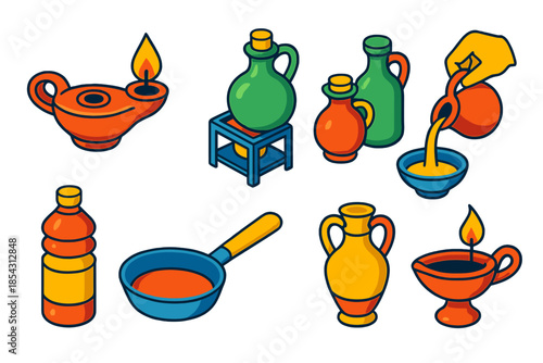 Oleology Icons Collection. Isometric vector illustration set Oleology: oil lamps and burners, olive oil jars, ritual pouring,