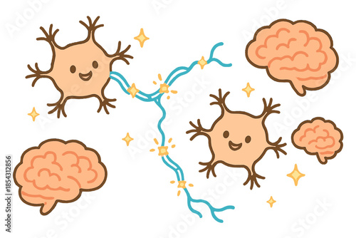 Cheerful Neural Network. Friendly doodle neuron activation scene with cheerful neurons, cartoon light fibers connecting nodes,