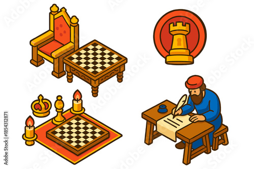 Royal Chess Match. Isometric vector illustration set Game of Kings: Elaborate throne-side board, royal seal on piece, ceremonial